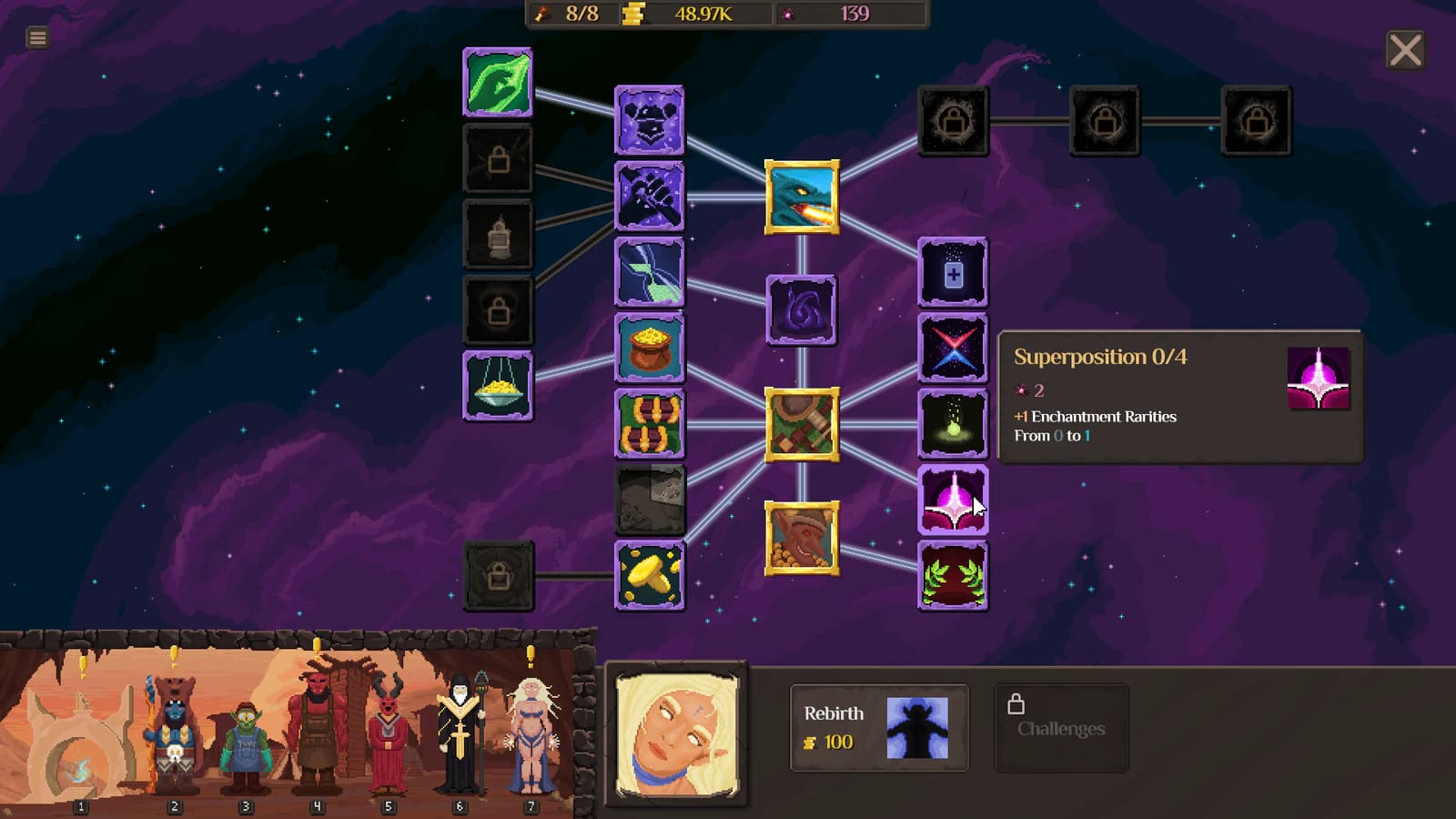 Branching purple Blight upgrade tree with connected icons and locked nodes