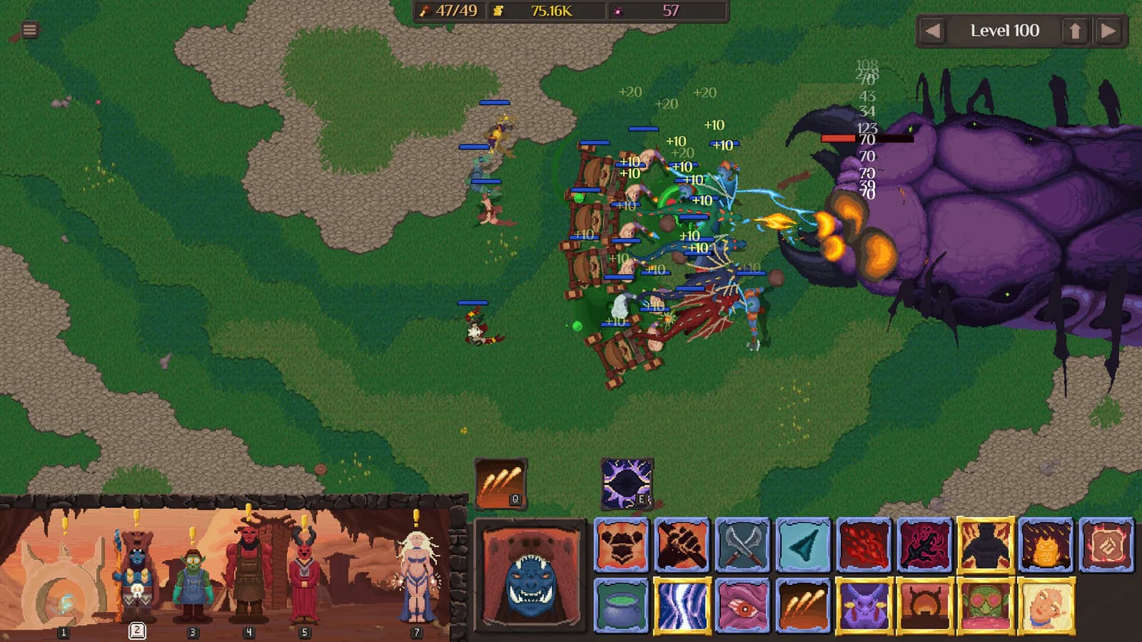 Allied formation attacking a huge purple grub boss on a green battlefield