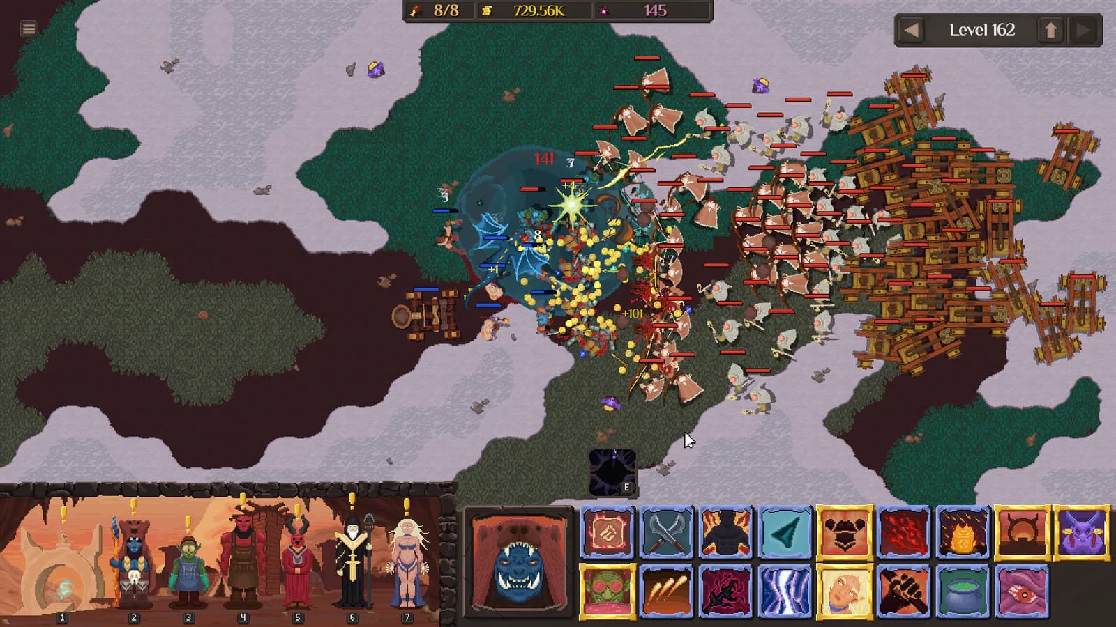 Large allied army fighting knights and siege engines across a snowy field