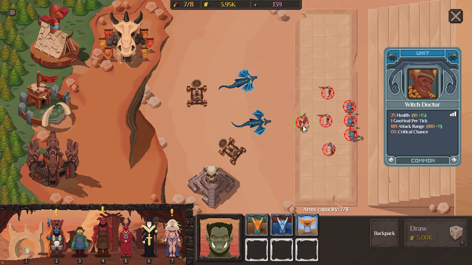 Base formation screen with a selected Witch Doctor unit card and stats
